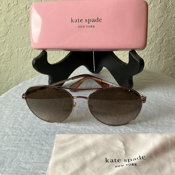 Kate Spade:Rose Gold Aviator (Joshelle) Sunglasses-case & cloth-brown lens-flaws - Picture 3 of 16